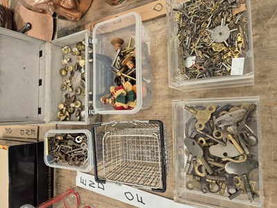 Lot 728 - Pocket watch and clock keys, military buttons...