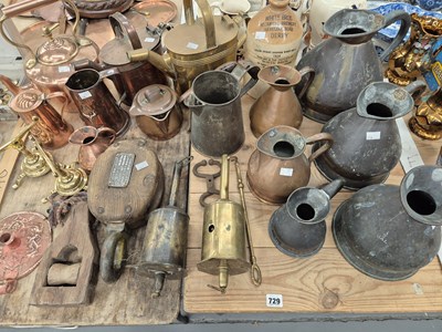 Lot 729 - Six graduated copper jugs, copper cooking...
