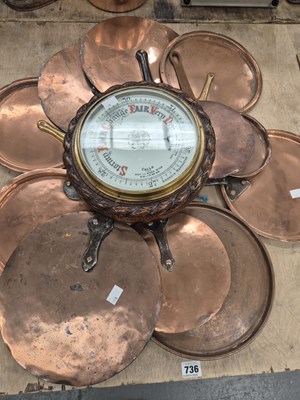 Lot 736 - Ten various antique copper pan lids and an oak...