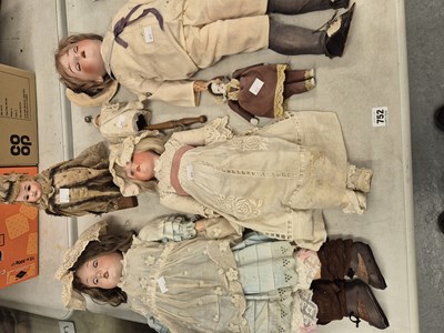 Lot 752 - Six antique bisque head dolls, including two...