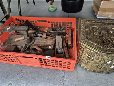 Lot 758 - A brass coal box and various tools