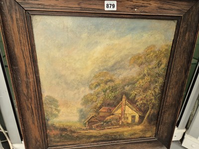 Lot 879 - An oak-framed oil painting of a country cottage