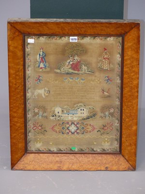 Lot 1070 - A bird's eye maple framed 1844 sampler sewn...