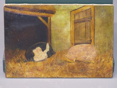 Lot 1080 - 19th century primitive, two pigs in a stable,...
