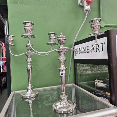 Lot 501 - A pair of electrotype two light candelabra