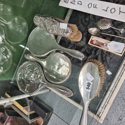 Lot 540 - Three silver backed hand mirrors, brushes and...
