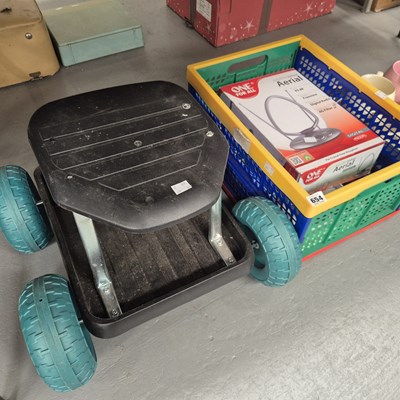 Lot 654 - A gardener's stool on wheels, a boxed hands...