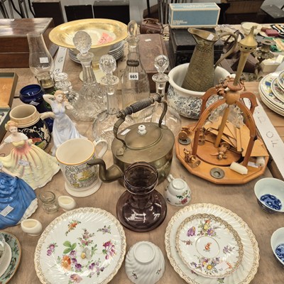 Lot 665 - Decanters, hyacinth vases, three Doulton...