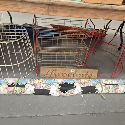 Lot 683 - Two rolls of floral fabric, a wire work...