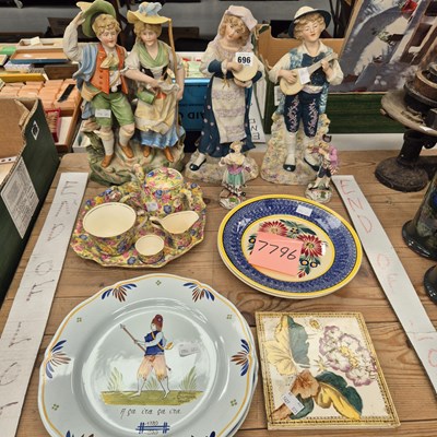 Lot 696 - German biscuit figures, Quimper plates, a tile,...