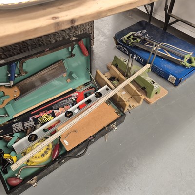 Lot 777 - Picture frame cutting jigs, a leather case of...