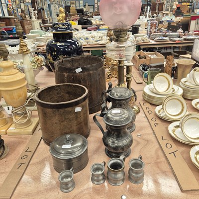 Lot 802 - Two wooden grain measures, pewter spirit...