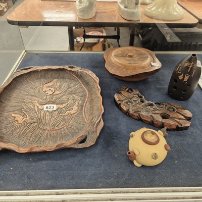Lot 823 - A Japanese lotus carved wooden tray, a box and...
