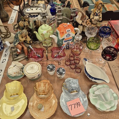 Lot 829 - Capodimonte figures, coloured overlay wine...