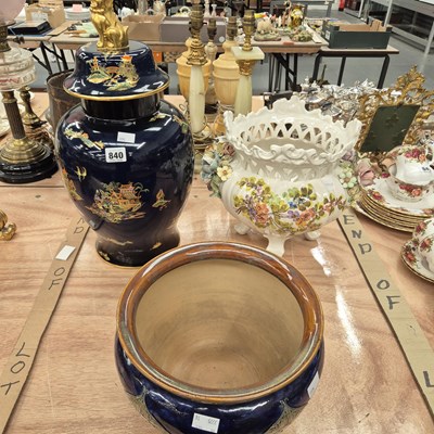 Lot 840 - A Doulton planter, a Carlton blue ground jar...