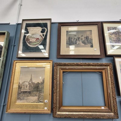 Lot 38 - A watercolour, an embroidery, a print, and a...