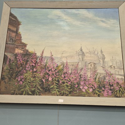 Lot 61 - Oil on board, flowers before an industrial...