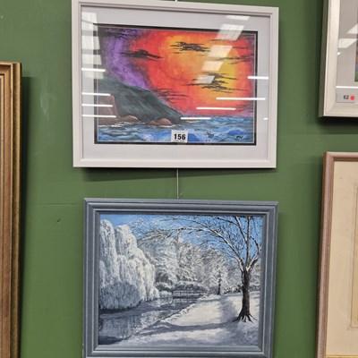 Lot 156 - Four acrylic paintings, 'Snow-Lined Riverbank'...