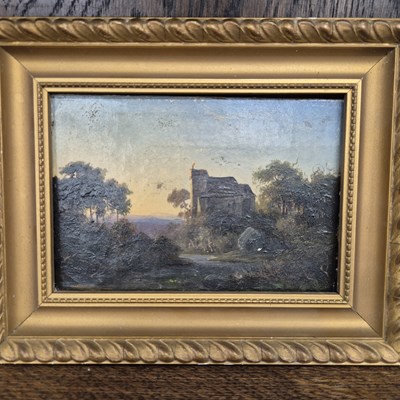 Lot 171 - A small oil painting, a pen and ink drawing,...