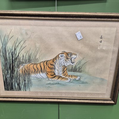 Lot 173 - Five oriental watercolour pictures of tigers,...