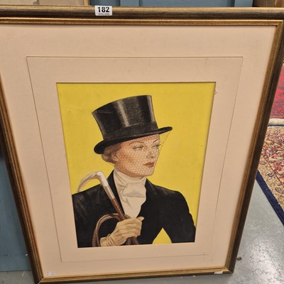 Lot 182 - A watercolour portrait of a lady in her riding...