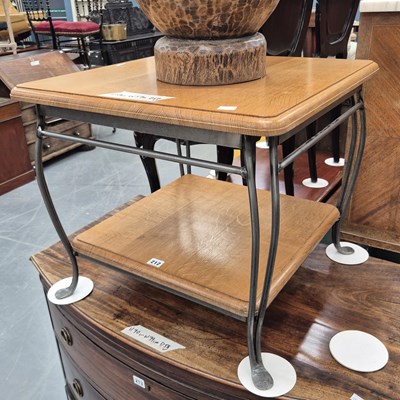 Lot 212 - An oak and wrought iron coffee table H 50 W 57...