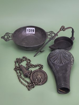 Lot 1319 - A 'London' pewter two handled porringer, a...