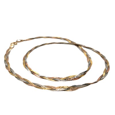 Lot 1111 - A 9ct hallmarked gold three colour woven flat...