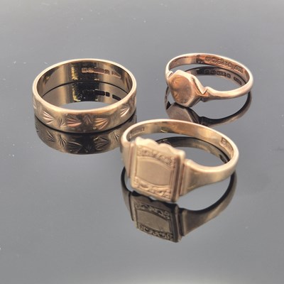 Lot 1116 - Three 9ct hallmarked gold rings: a rose gold...