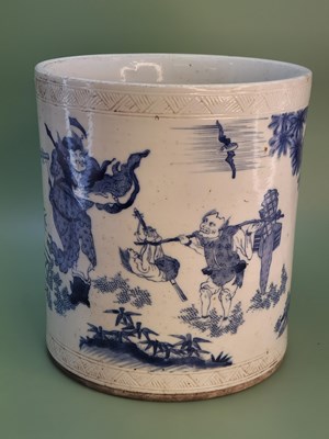 Lot 1340 - A Chinese blue and white brush pot painted...
