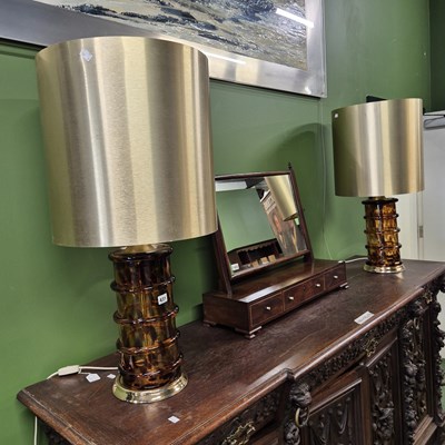 Lot 431 - A pair of retro brown glass table lamps with...