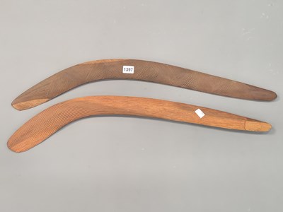 Lot 1397 - Two Aboriginal wooden boomerangs, both carved...