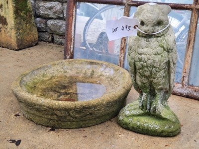 Lot 473 - An owl garden decoration and a bird bath top...