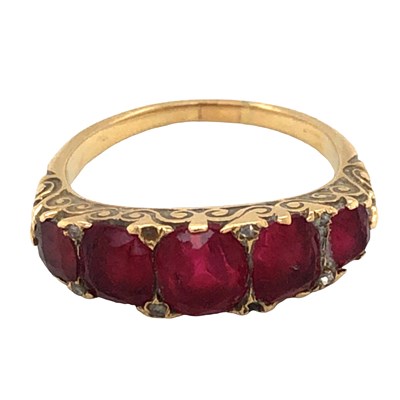 Lot 1195 - An unhallmarked yellow metal five stone ring...