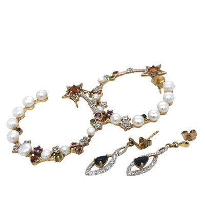 Lot 1215 - A pair of 9ct gold gemset drop earrings, and a...
