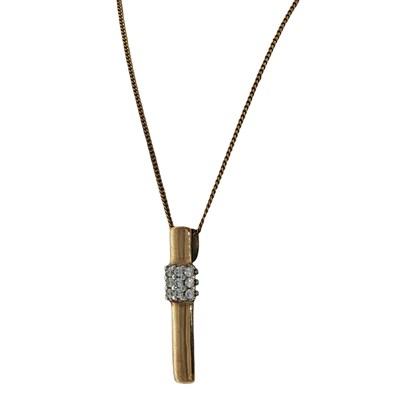 Lot 1252 - A 9ct hallmark gold drop bar pendant, CZ set,...