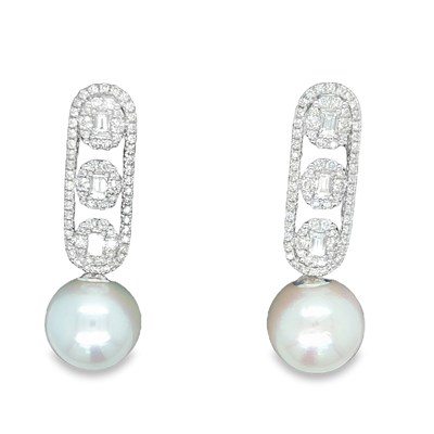 Lot 1063 - A pair of 18ct white gold long drop Art...