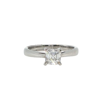 Lot 1026 - An Asscher cut diamond solitaire ring, claw...