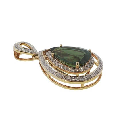 Lot 1034 - A green sapphire and diamond pendant, centred...