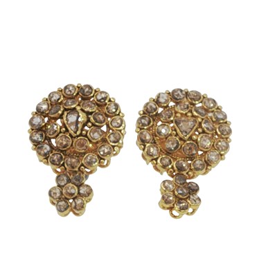 Lot 1044 - A pair of polki diamond cluster drop earrings,...
