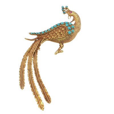 Lot 1058 - A turquoise set exotic bird brooch of textured...