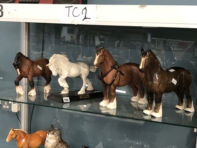 Lot 592 - Four Beswick shire horse figures, one titled...