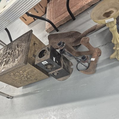 Lot 888 - A brass coal box, a lantern, a shoe last , a...