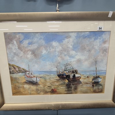 Lot 54 - A 20th century oil painting, beached fishing...