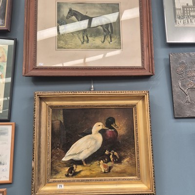Lot 71 - An antique oil on canvas, ducks and chicks in...