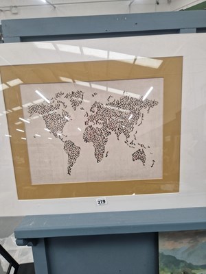 Lot 279 - Three mounted decorative prints; world map of...