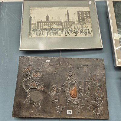 Lot 76 - An oriental embossed metal pictorial panel and...