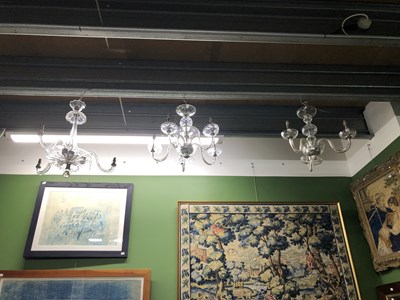 Lot 371 - Three glass part chandeliers, two with three...