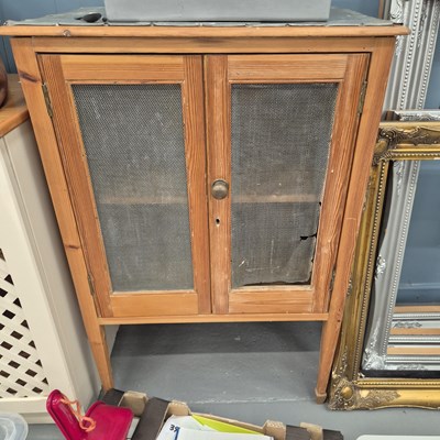 Lot 13 - A vintage pine and metal mesh food safe H 95 W...