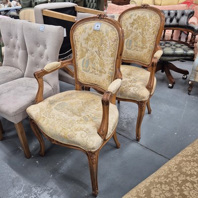 Lot 46 - A pair of show frame salon chairs in tapestry...